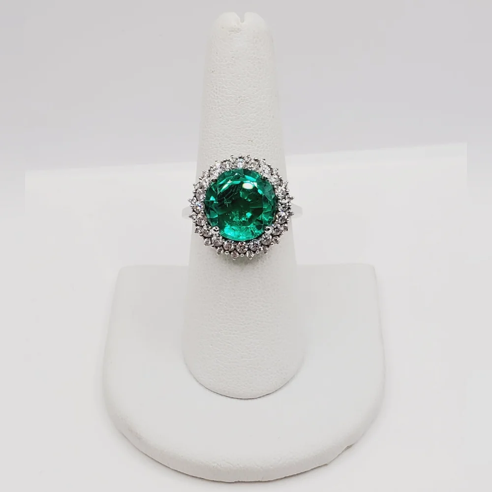 Emerald Green Quartz & White Zircon Sunburst Halo Ring Platinum Over Silver